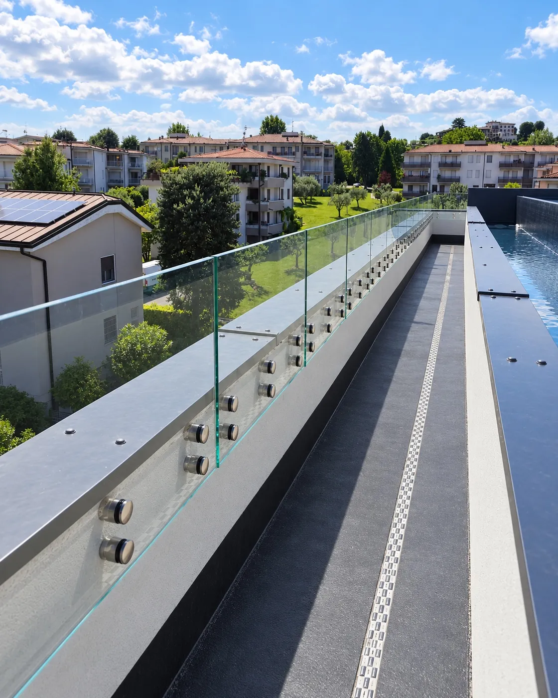 Terrazza piscina hotel Desenzano — trasparenza sul Lago di Garda