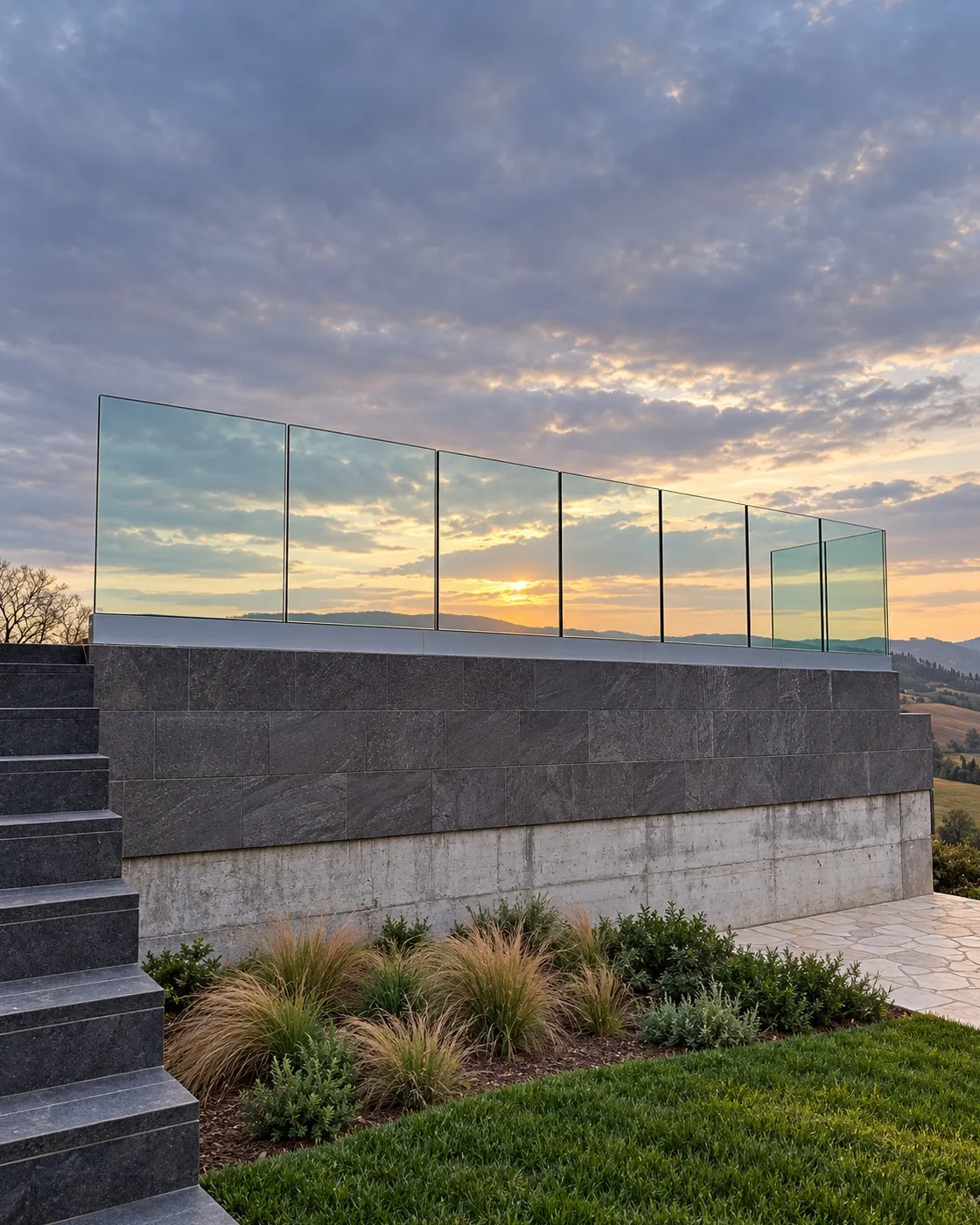 Parapetto vetro fascia alluminio terrazzo + scala esterna inox per villa in Toscana
