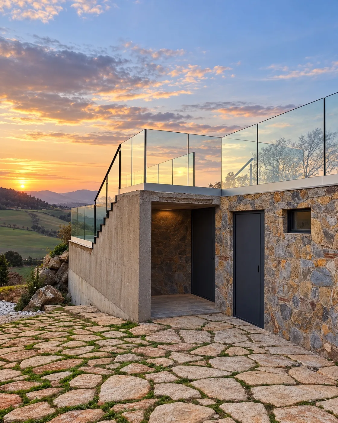 Panorama colline toscane — trasparenza parapetto vetro villa Toscana